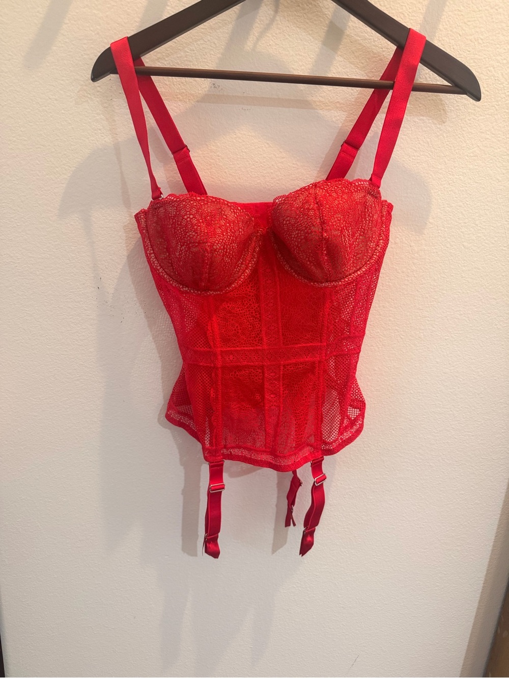 Victoria’s Secret Red Lace Corset Bustier with Garter Straps — 36C